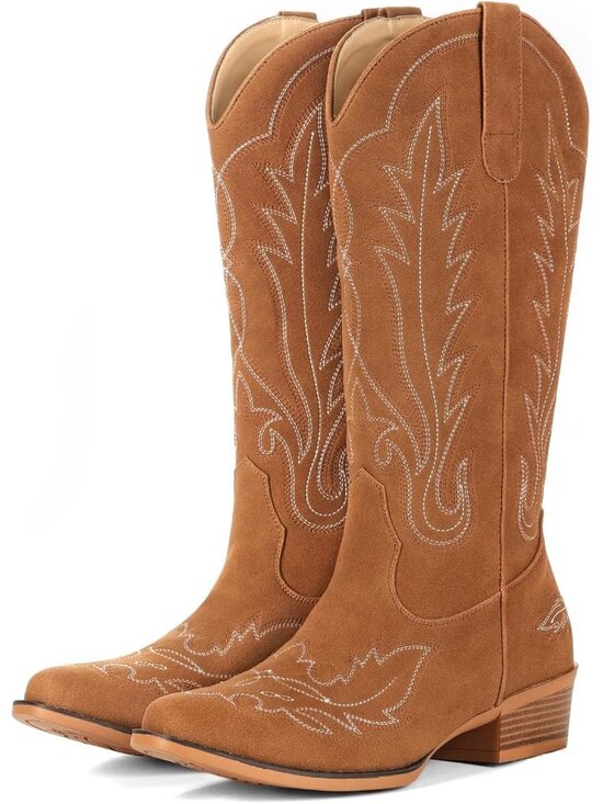 Shoes - Women's Brown Mid Calf Suede Snip Toe Chunky Heel Embroidered Western Boots